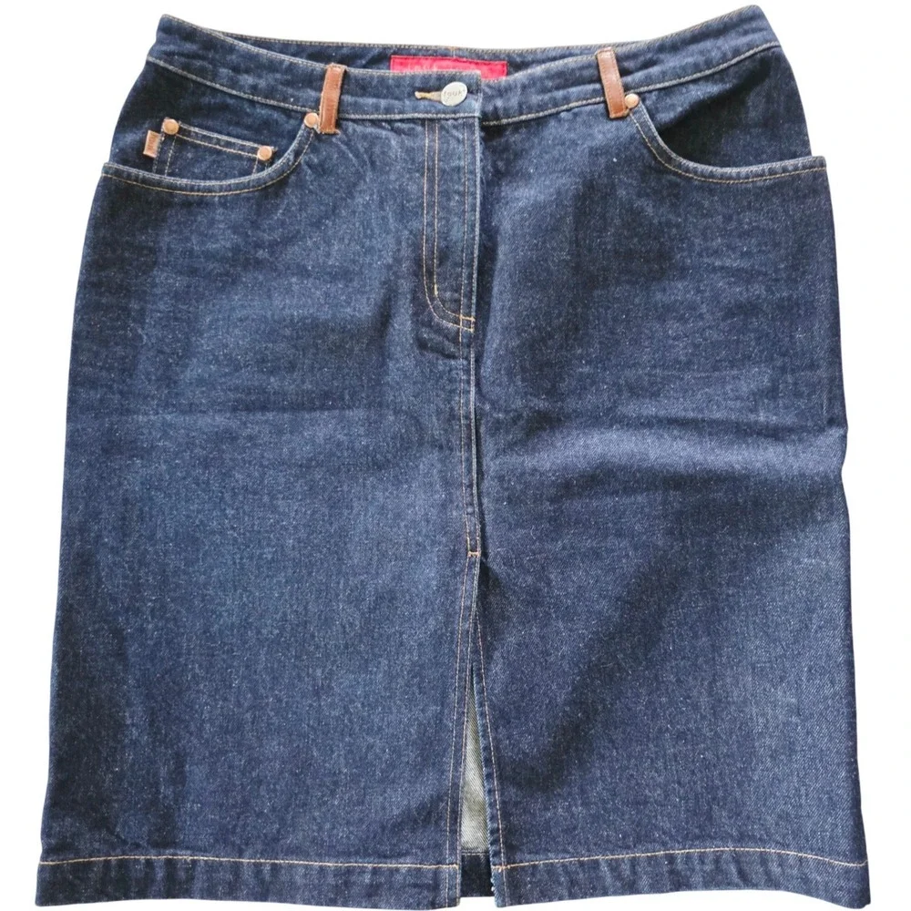 FCUK Jeans Denim Skirt Women's Size 8 Brown Leather Star Pockets Blue Pencil NEW - Picture 2 of 8
